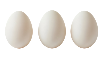Three chicken eggs PNG isolated on transparent background, natural food ingredient for cooking and Easter holiday design