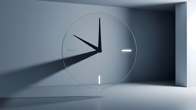 Modern wall clock in a minimal interior symbolizing overtime work, deadline pressure, and time management stress. Abstract business concept of workload and productivity
