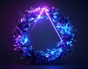 Glowing triangle within a vibrant floral wreath, digital illustration