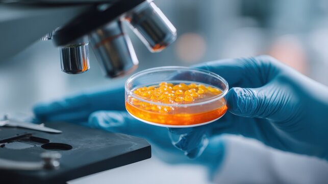 Close-Up of a Laboratory Scientist Analyzing Samples Under Microscope with Petri Dish Containing Orange Gel-Like Substance in Modern Research Environment - Powered by Adobe