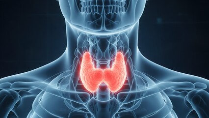 A front neck anatomy with a glowing thyroid gland and digital medical interface, hormone disorder, hyperthyroidism
