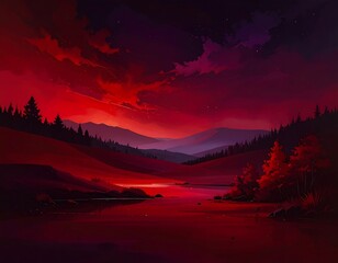 Vivid sunset over a lake, with rolling hills and trees silhouetted against the fiery sky