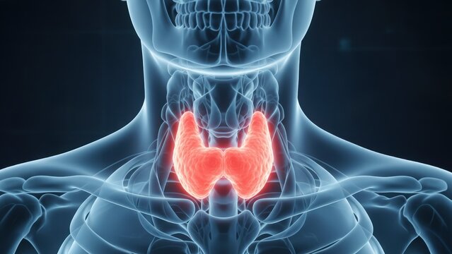 A front neck anatomy with a glowing thyroid gland and digital medical interface, hormone disorder, hyperthyroidism
