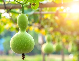 A gourd hangs from a trellis, illuminated by sunlight, with others blurred in the background against greenery
