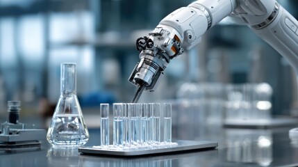 Advanced robotic arm performing automated tasks in a laboratory setting, demonstrating cutting-edge technology and precision in scientific research and experimentation