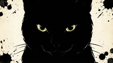Close Up Black Cat Eyes Ink Splatter Portrait