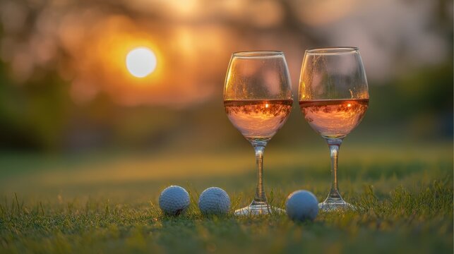 Romantic Evening in Nature with Two Glasses of Rose Wine and Golf Balls at Sunset in a Calm Outdoor Setting
