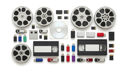 Vintage and modern data storage media arranged on white background film reel
