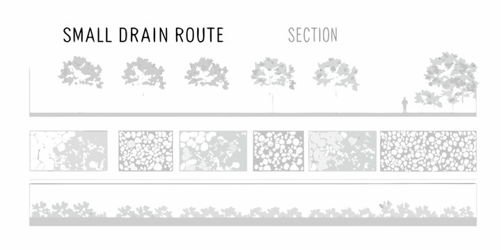 Diagram of a small drain route section with tree and ground cover details