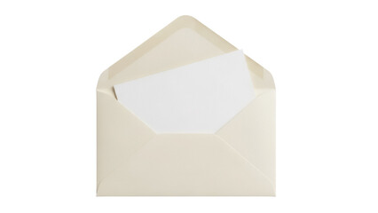 Open beige envelope with blank paper inside isolated PNG, stationery for invitations and greetings on transparent background