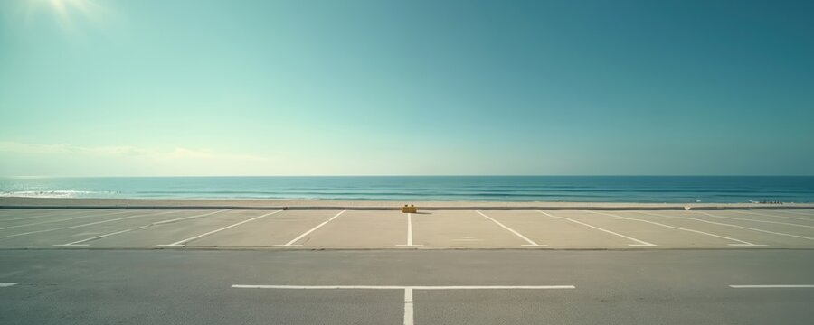 Empty parking lot borders vast blue ocean under clear sky. Sun shines bright on quiet beachside. No cars present near calm sea waves. Peaceful seascape backdrop. - Powered by Adobe