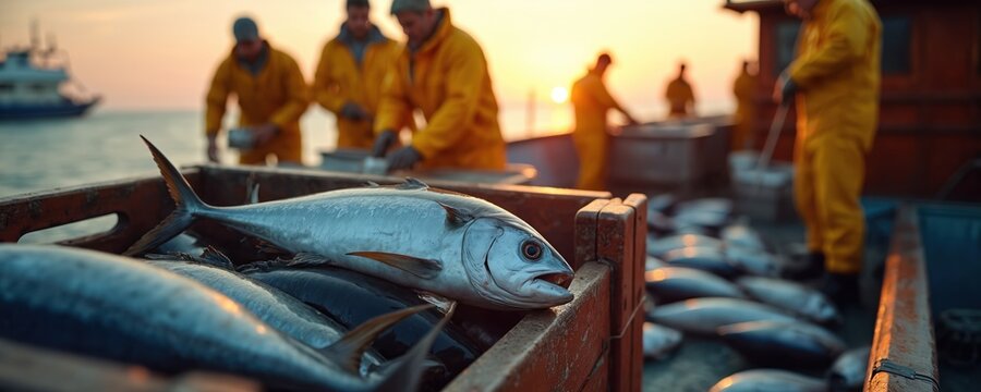 Fishermen in yellow jackets sort fresh tuna on boat deck at sunset. Catch of the day, marine industry, commercial fishing operation at sea. Crew works hard with ocean bounty.