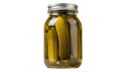 Pickled cucumbers in a glass jar isolated PNG, homemade dill pickles with spices on transparent background, traditional fermented food