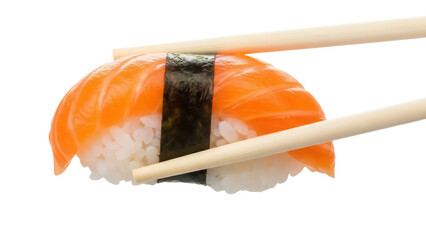 Salmon sushi nigiri isolated PNG, Japanese cuisine with rice and raw fish held by chopsticks for Asian food concepts © Luke