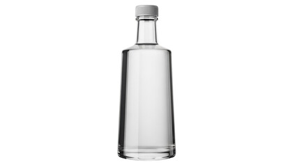 Elegant clear glass bottle isolated PNG on transparent background, empty container for spirits or water with a simple design and screw cap
