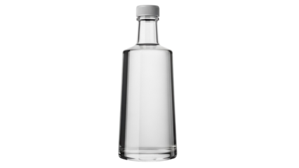 Elegant clear glass bottle isolated PNG on transparent background, empty container for spirits or water with a simple design and screw cap