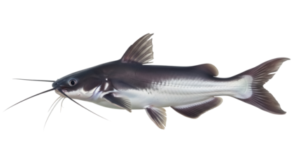 Blue catfish PNG isolated on transparent background, freshwater fish with barbels and smooth skin, aquatic animal for fishing and aquarium