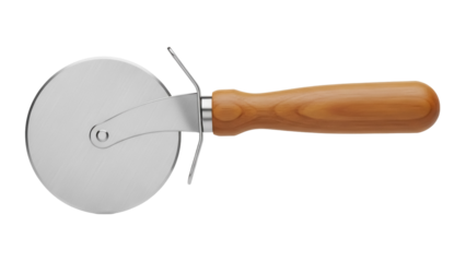 Pizza cutter with wooden handle isolated PNG, kitchen utensil for slicing pizza on transparent background