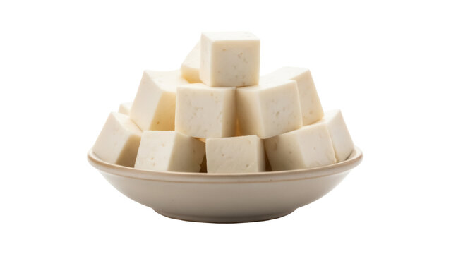 Paneer cubes in a bowl isolated PNG, fresh Indian cheese pieces on transparent background for healthy vegetarian cooking