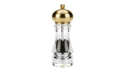 Elegant clear pepper grinder with golden top isolated PNG, filled with peppercorns on transparent background, kitchenware for cooking and seasoning
