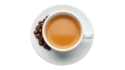 Espresso coffee in white cup isolated PNG, with coffee beans on saucer, aromatic beverage for breakfast and cafe use