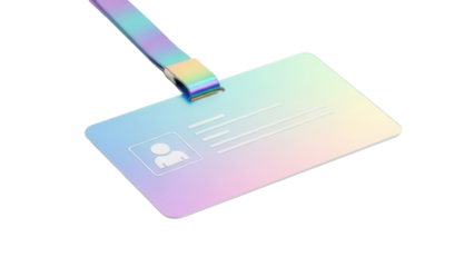 Holographic ID card with lanyard isolated PNG, modern identification badge for security access and professional events on transparent background