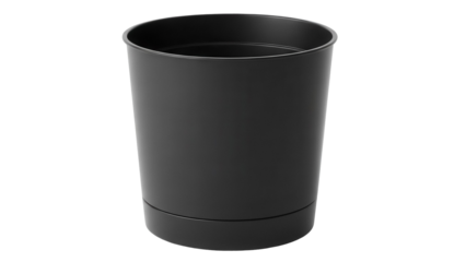 Black plastic flower pot isolated PNG on transparent background, modern container for indoor plants and gardening projects