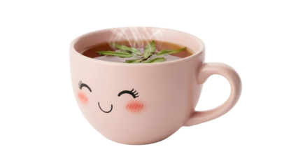 Pink mug with a cute face and herbal tea isolated PNG, steaming beverage with rosemary on transparent background for design use