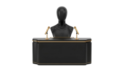 Black podium with mannequin isolated PNG on transparent background, conference stage for public speaking and presentations