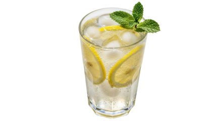Refreshing lemon drink with ice and mint isolated PNG, summer beverage on transparent background for menu design and healthy lifestyle concepts