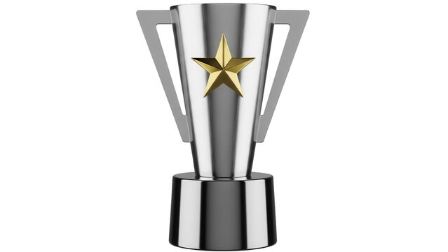 Silver trophy with gold star isolated PNG, award cup for sports competition and achievement on transparent background