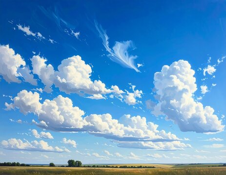 Vivid landscape fluffy white clouds drift across a bright blue sky over a vast grassy field