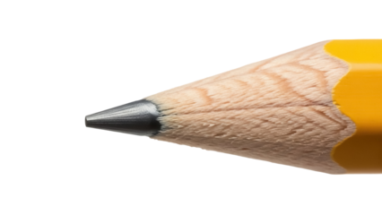 Sharpened yellow pencil point isolated PNG, close-up macro shot of graphite tip and wood grain for drawing and writing concepts