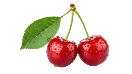 Two fresh red cherries with leaf isolated PNG, ripe juicy fruit on transparent background for healthy eating and summer designs