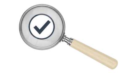 Magnifying glass with check mark isolated PNG, symbol of approval and verification for business and quality control on transparent background