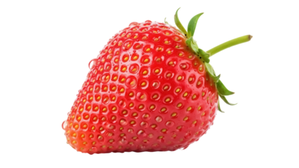 Fresh red strawberry PNG isolated on transparent background, ripe fruit with seeds and green stem for healthy eating and summer designs