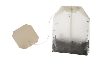 Used tea bag PNG isolated on transparent background, steeped herbal beverage bag for hot drink preparation and relaxation