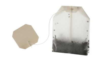 Used tea bag PNG isolated on transparent background, steeped herbal beverage bag for hot drink preparation and relaxation