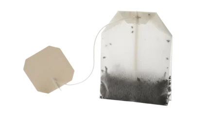Selbstklebende Fototapeten Tee Used tea bag PNG isolated on transparent background, steeped herbal beverage bag for hot drink preparation and relaxation  © Mia