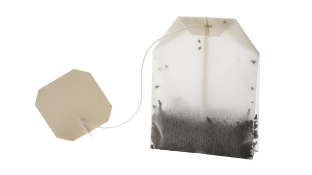 Used tea bag PNG isolated on transparent background, steeped herbal beverage bag for hot drink preparation and relaxation