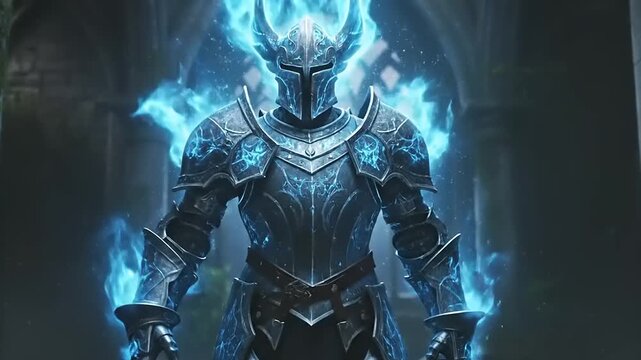 Mysterious Armored Figure with Glowing Blue Aura in Ancient Stone Hallway.