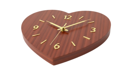 Heart-shaped wooden clock with golden hands and numbers isolated PNG, decorative timepiece on transparent background for design projects