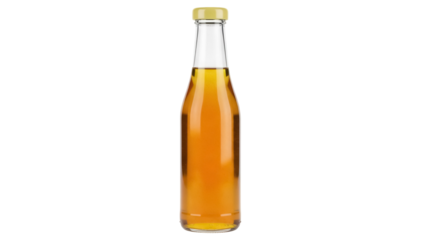 Amber liquid in glass bottle isolated PNG, refreshing drink on transparent background, healthy beverage for food and product photography