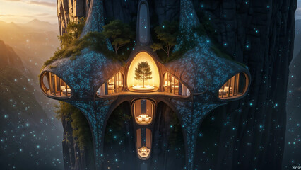 A vertical biotech habitat integrated into a cliffside geode, sustaining a Dragon's Blood Tree under artificial light, with air-purifying bioluminescent spores drifting in the chamber. Hyper-realistic