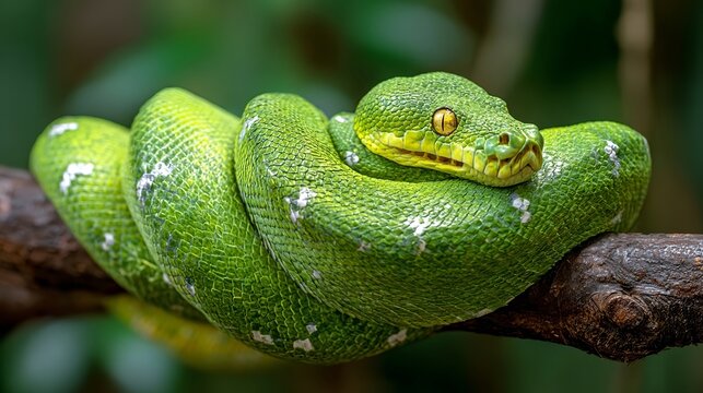 A vibrant green tree python resting on a branch, showcasing its scales and captivating eyes.