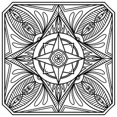 Square Mandala isolated on the white background. Template for coloring book page, mindfulness activity.