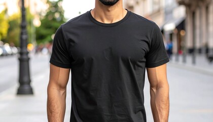 Front view of a man wearing a blank black t-shirt mockup, showcasing a simple and versatile apparel design for advertising