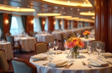 Elegant cruise ship dining room setup with round tables set for formal dinner. Floral centerpiece brightens elegant atmosphere with warm lighting. Classic interior offers luxurious experience for