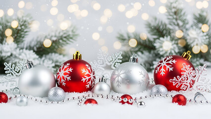 Festive arrangement of red and silver ornaments amongst frosted pine branches and glowing bokeh