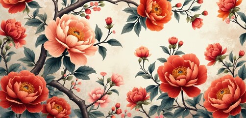 Decorative floral pattern with large blooming peonies in warm coral and red hues. Dark branches and green leaves create a rich textile design. Elegant botanical art for backgrounds.